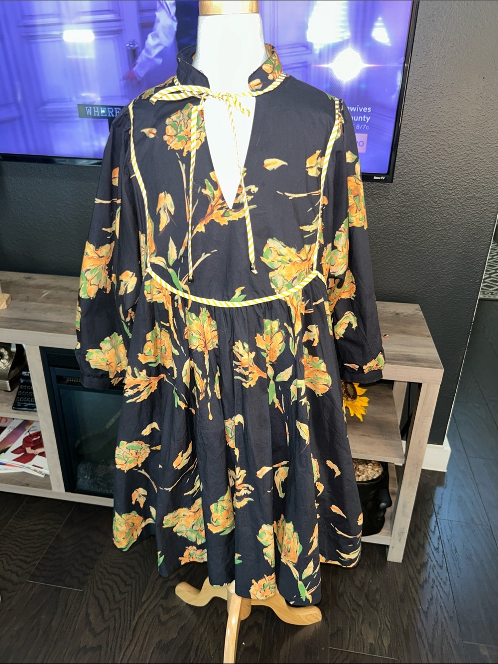 entro Black Floral Tie-Neck Mini Dress with Yellow & Green Print